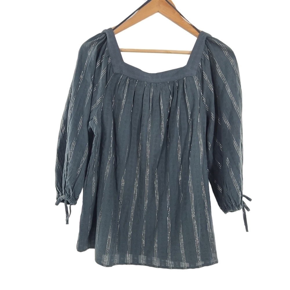 Lauren Conrad Blouse Green with Silver Stripes ¾ Sleeve Pullover Square Neck XS